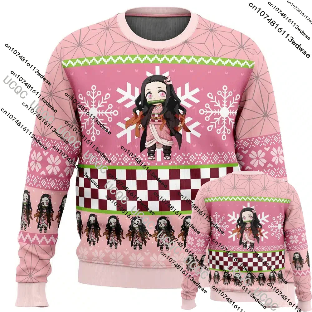 New Anime Nezuko Kamado Demon Slayer Christmas Round Neck Pullover Men Comic Exhibition 3D Print Harajuku Kid Casual Sweatshirts