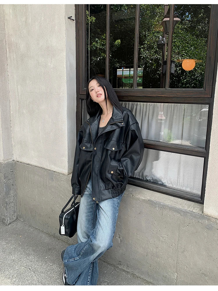 Lautaro Spring Winter Cool Oversized Thicken Warm Black Hard Pu Leather Jacket Women Long Sleeve High Quality American Clothing