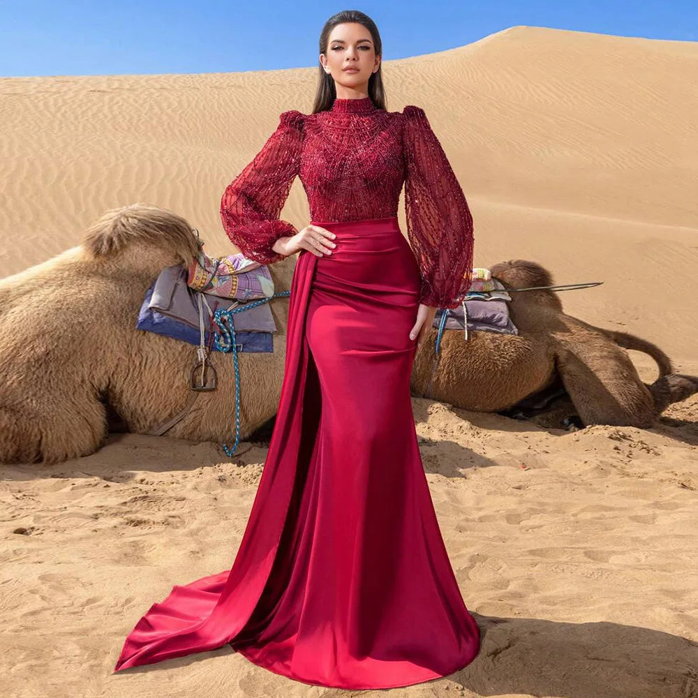 Elegant Muslim Wedding Evening Dress for Women with Detachable Skirt 2026 Pearls Mermaid Formal Prom Party Gowns Customized