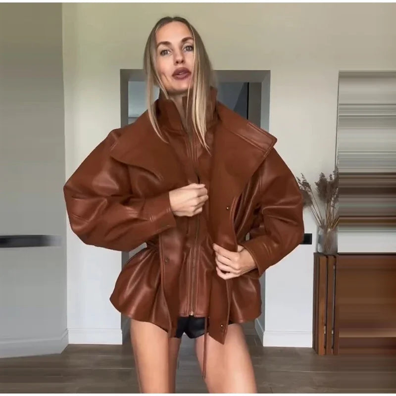 Fashion Solid Faux Leather Women's Jacket  Lapel Waist Cinching Loose Long Sleeves Coat Chic 2026 Spring Autumn New Street Wear