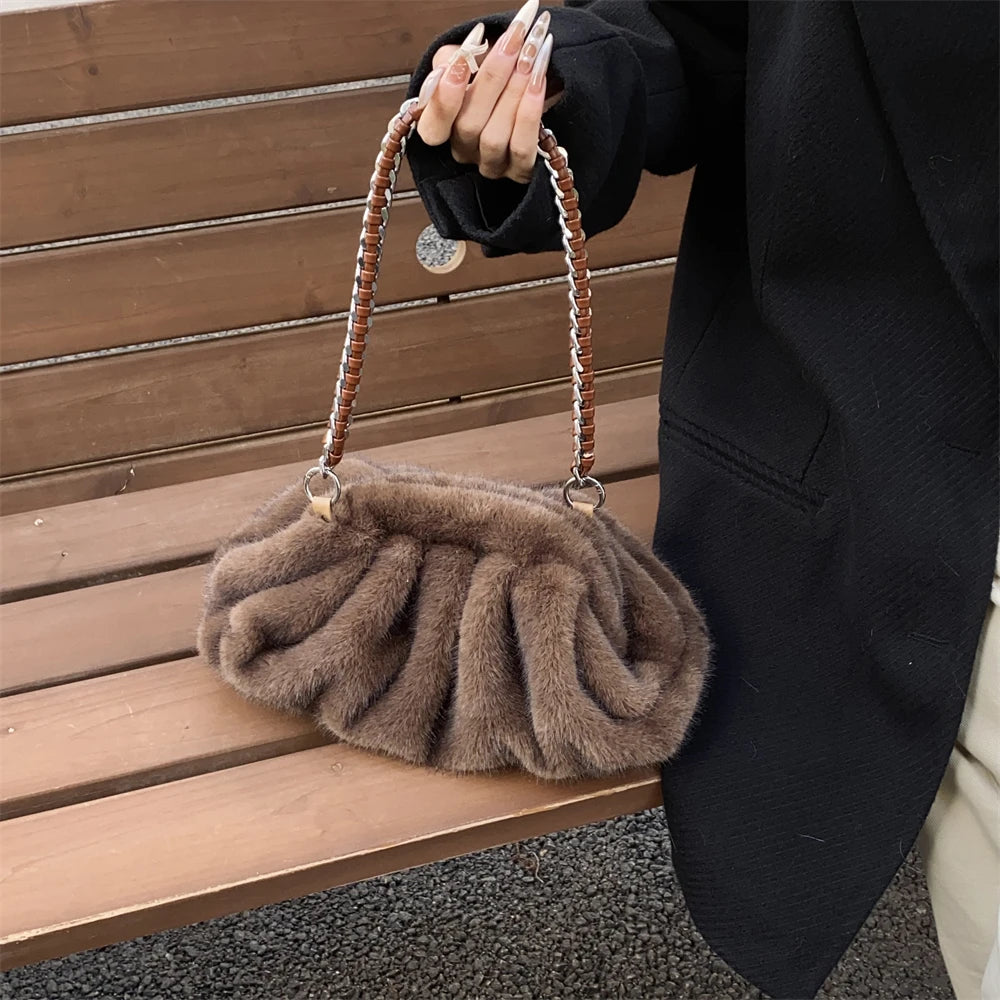 MOODS Pleated Design Faux Fur Shoulder Bags For Women 2024 Luxury Designer Purses And Handbags Winter Warm Soft Plush Hobo Bags