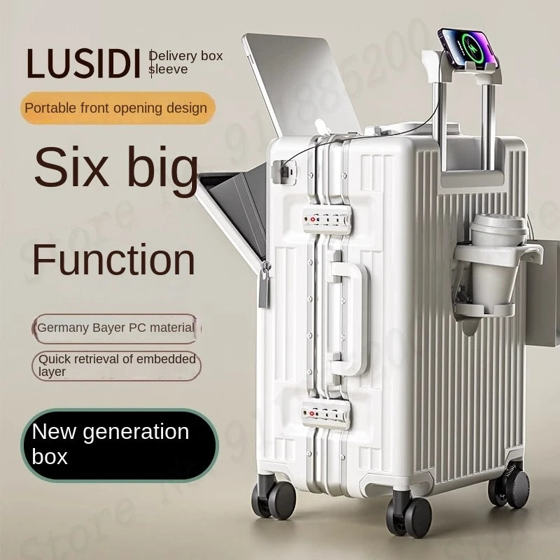 Front-opening Luggage with 24-inch Multi-functional Cup Holder Portable 20-inch Carry-on Suitcase 26-inch Large Capacity
