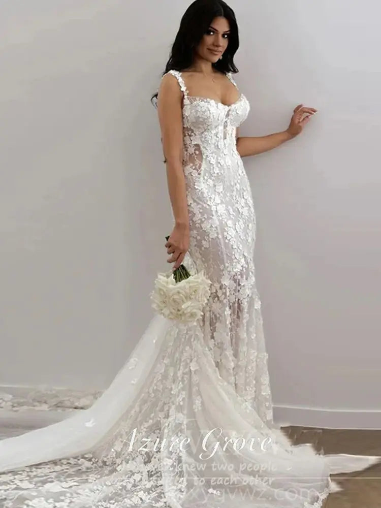 Azure Customized Mermaid Wedding Dress Sweetheart Lace Appliques Flowers Bride Gown Elegant Beach Boho Bride Dress Sexy vestidos