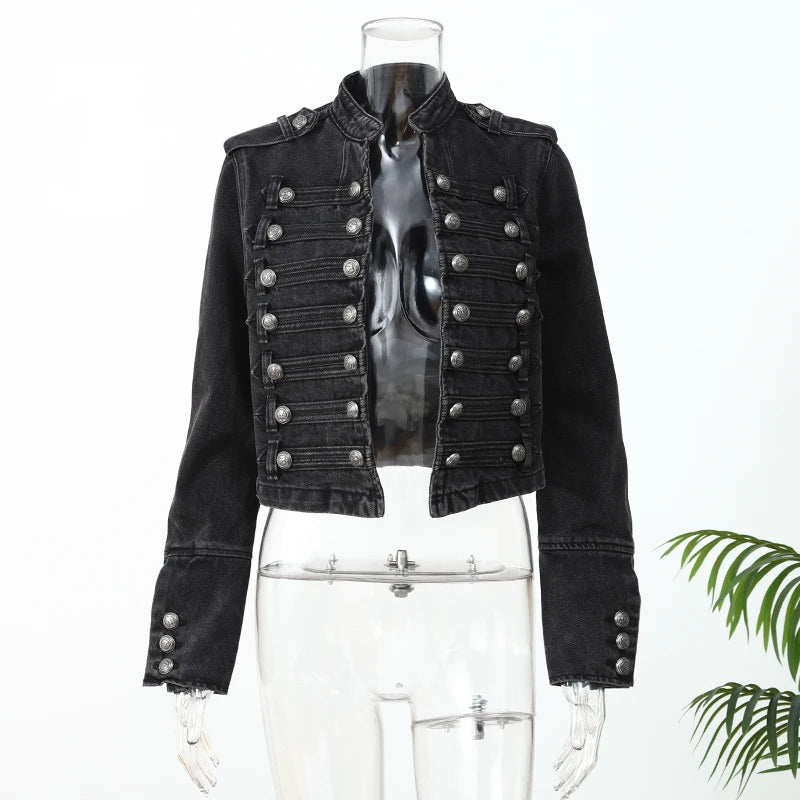 Vintage Denim Military Jacket Women Retro Solid Round Neck Single Breasted Slim Short Jackets 2026 Lady Daily Street Outerwears