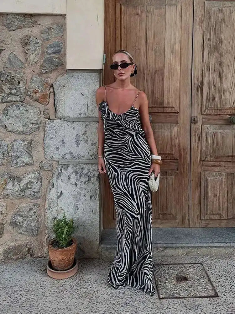 Fashion Print Backless Women Long Dress Elegant Sleeveless Spaghetti Strap Bodycon Dresses Female Evening Party Beach Robe