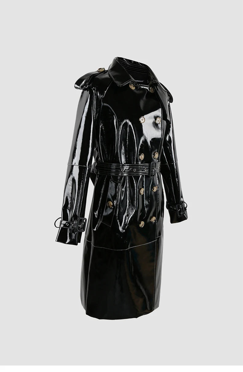 Nerazzurri Autumn Long Shiny Black Red Patent Pu Leather Trench Coat for Women Belt Double Breasted Luxury Designer Clothes 2023