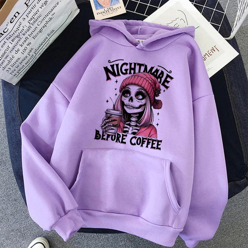 Slogan Nightmare Before Coffe Graphic Sweatshirt Unisex Fall Winter Hoody Y2k Clothing Women's Skeleton Halloween Pocket Hoodies