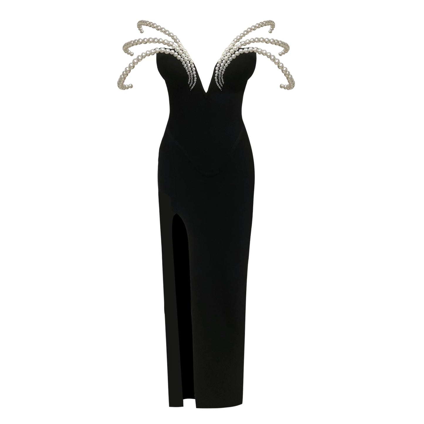 Women's Elegant Black Off-Shoulder Evening Dresses with Pearl Embellishment and High Slit for Formal Events & Weddings Vestidos