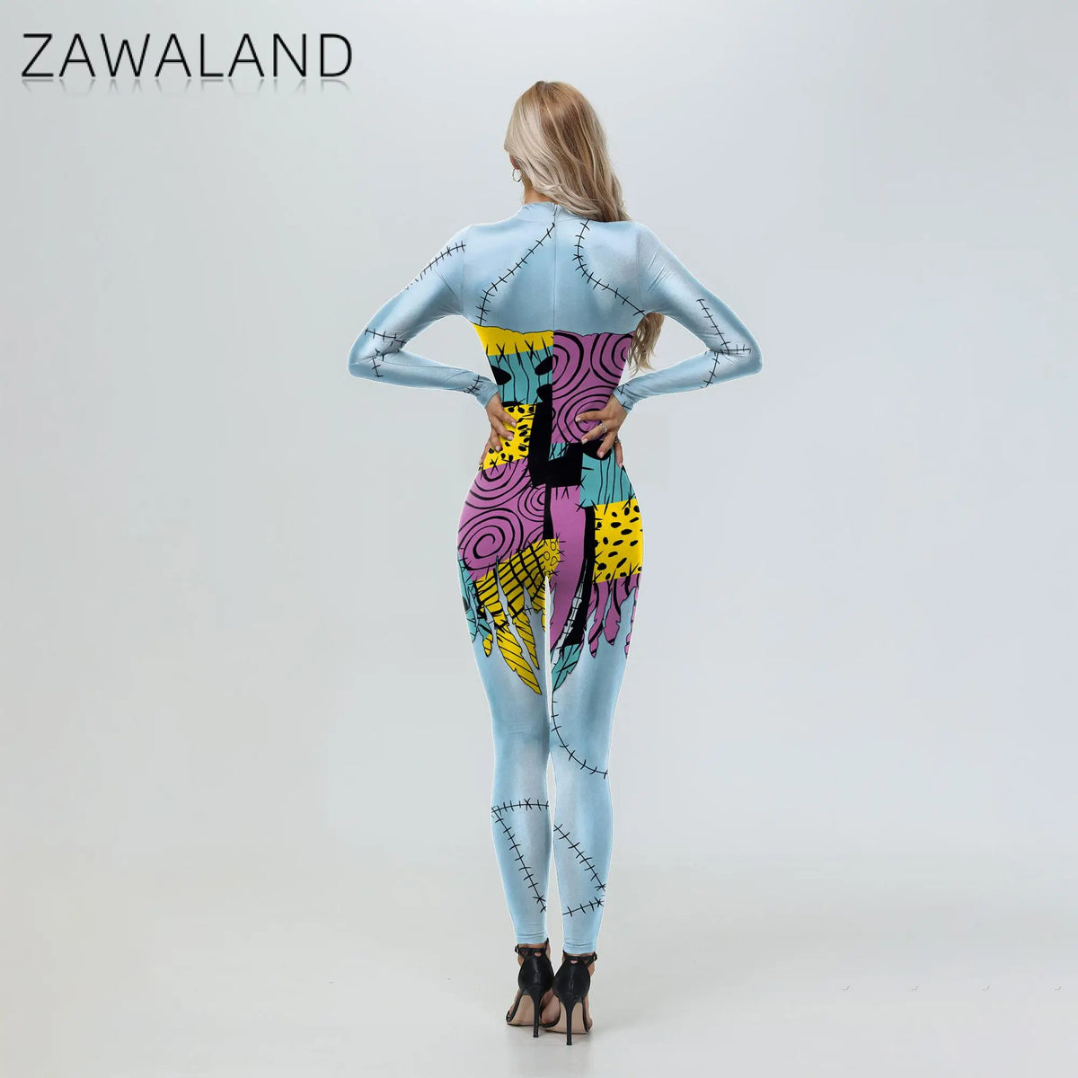 ZAWALAND Halloween Nightmare Sally Printed Cosplay Costume Girls Women Jumpsuit Christmas Cosplay Party Zenti Bodysuit Oufits