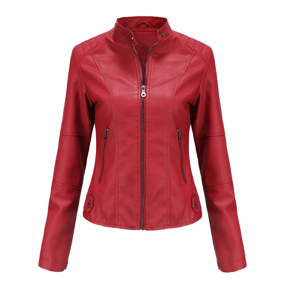 Women Moto Biker Zipper Jacket 2026 Faux Leather Jacket Women Spring Autumn Coat Black Brown Red Purple Navy Coffee Black XS 4XL