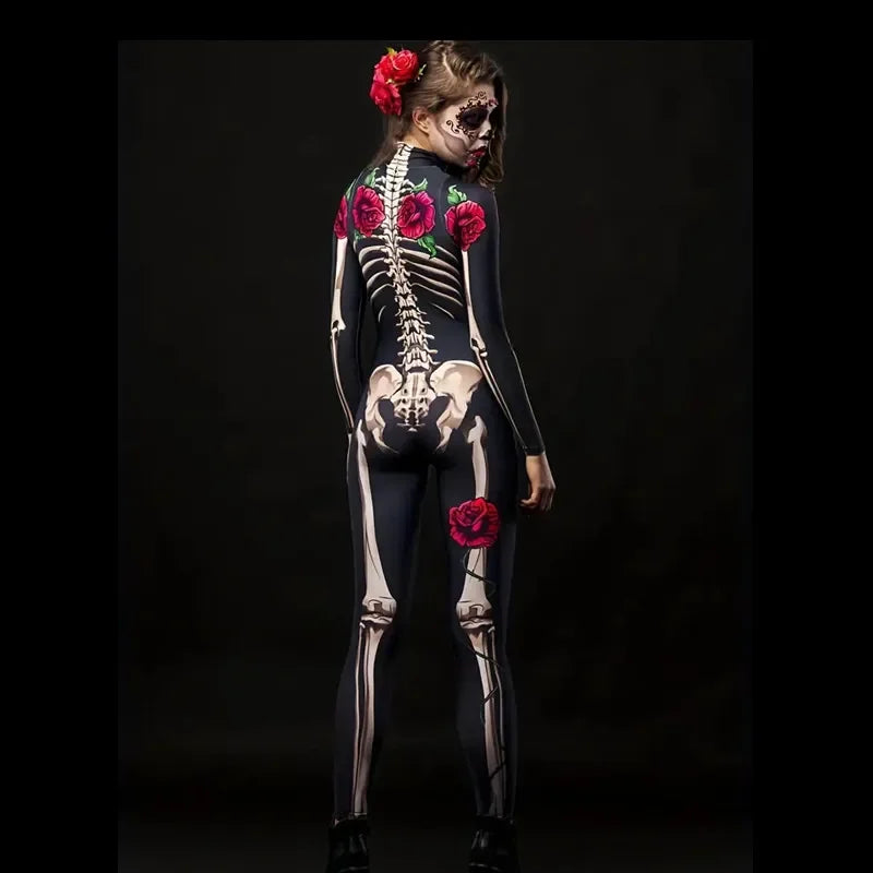 Halloween Girls Ghost Bride Theme Party Dress Costume Women's Skeleton Rose Pattern Printed Skeleton Long Sleeve Jumpsuit Party