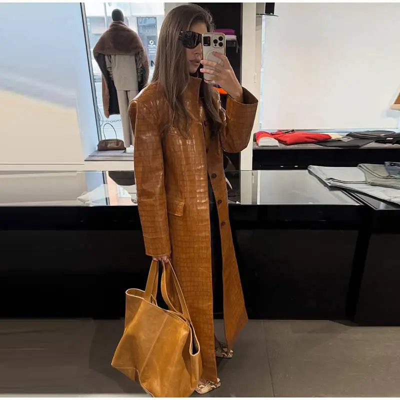 Crocodile Print Faux Leather Long Women 's Winter Coats Stand Collar Single‑Breasted PU Leather Maxi Coat Streetwear Fall Winter