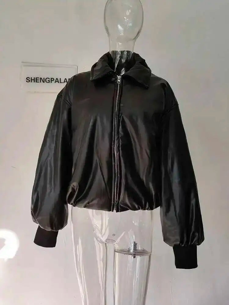 SHENGPALAE Women's Fashion 2026 Autumn Winter New Clothes Solid Color Leather Thicken Warm Female Short Cotton Jacket 5C1437