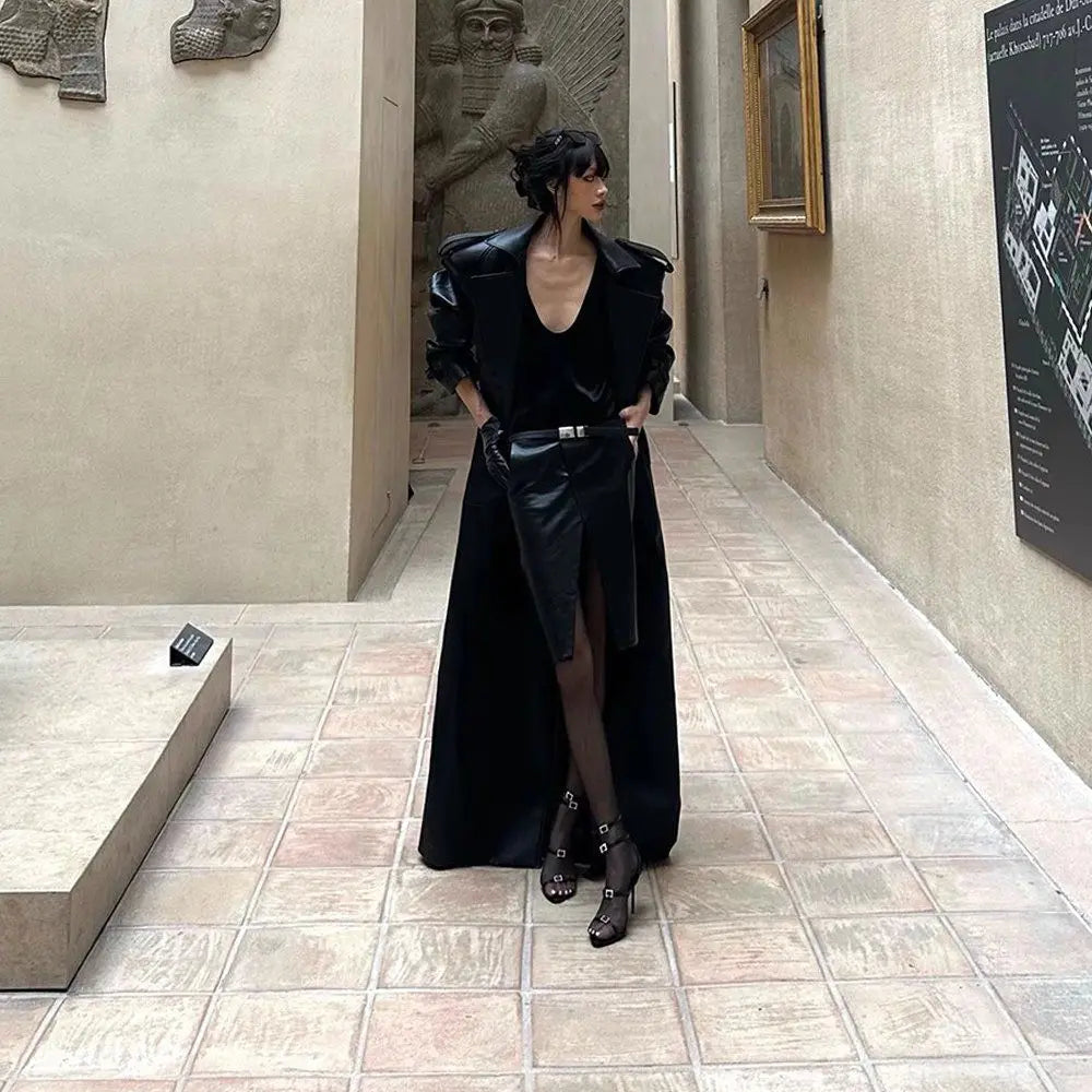 Luxury High Quality Autumn Long Oversized Black Leather Trench Coat Women's PU Leather Jacket Lapel Collar Belt Double-Breasted