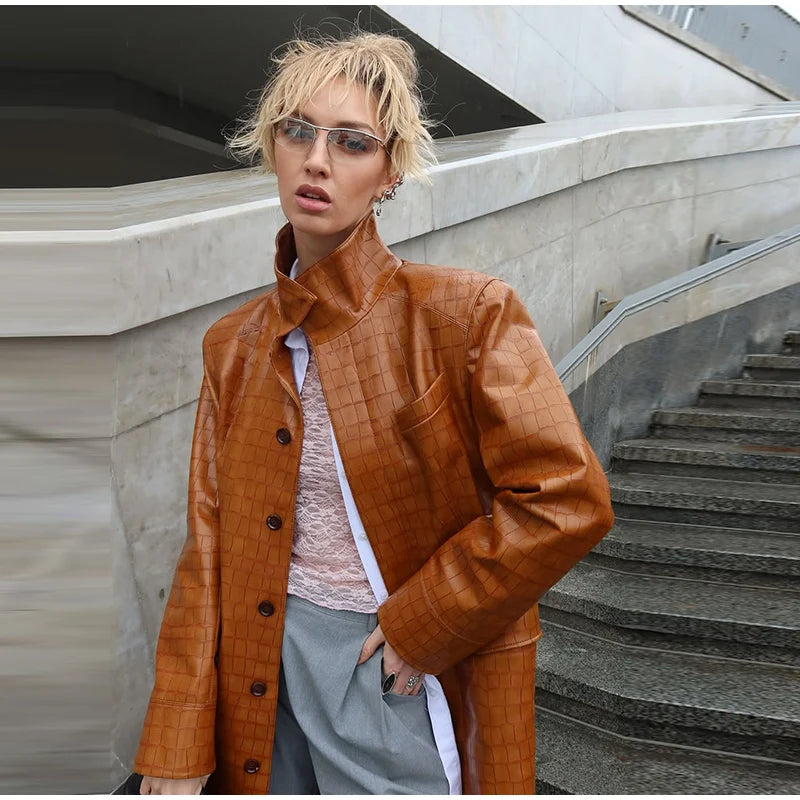 Fashion Croc Pattern PU Leather Women's Jacket Stand Collar Oversize Long Sleeve Chic Coat  2026 Autumn Winter New Daily Wear