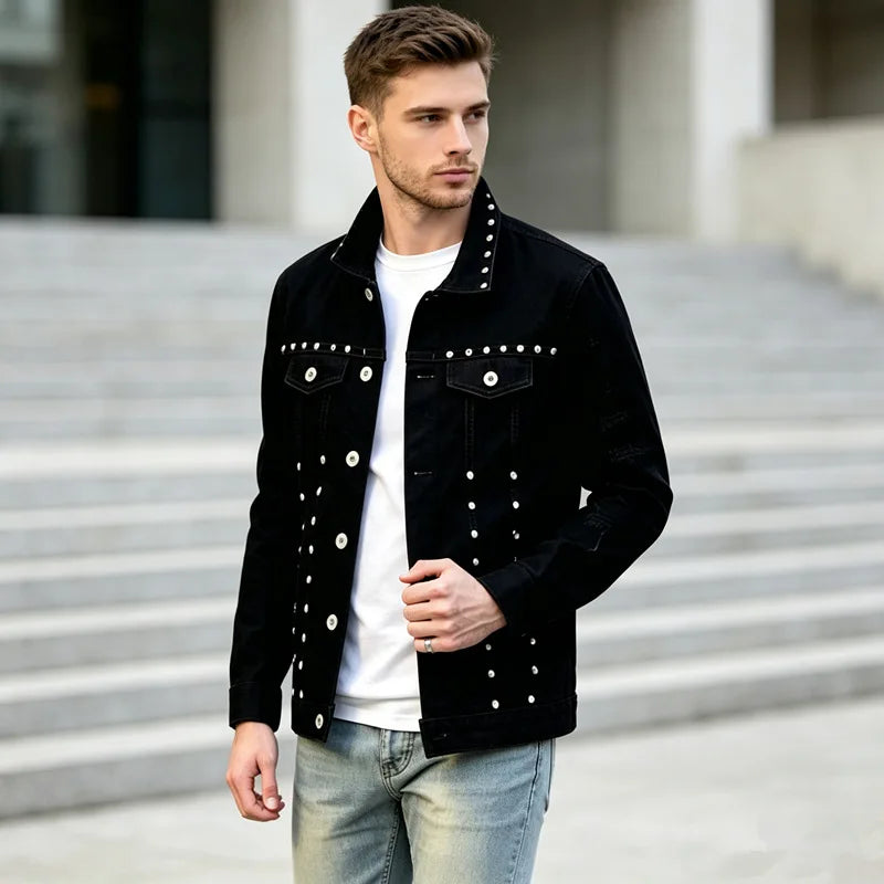 QICHE High‑Street Men Denim Jacket European‑Inspired Heavy‑Weight Rivet Decor Trendy Casual Outerwear