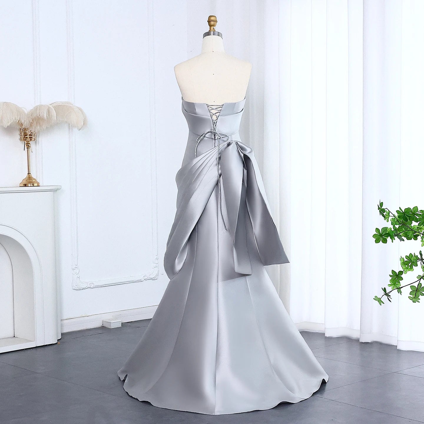 Sharon Said Women' s Elegant Wedding Prom Gown Silver Satin Formal Evening Party Dress Draped Mermaid Strapless SF231 Customized
