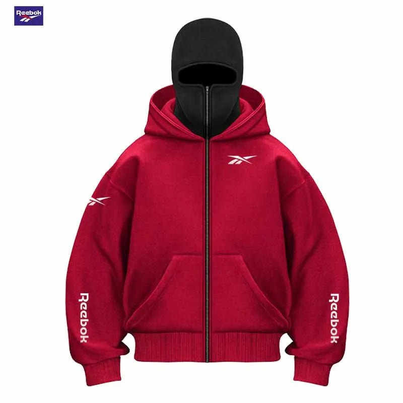 Reebok Men's New Fall/Winter Double-Pocket Hooded Sweater with Face Mask and Zipper Sports Outfit - Loose and Comfortable to Wea