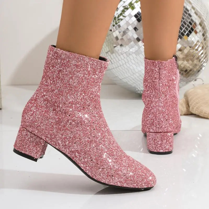 Luxury Sequin Fabric Ankle Boots Women 2026 Autumn Designer Square Toe Side Zip Short Boots Sexy Shiny Medium Heel Party Shoes