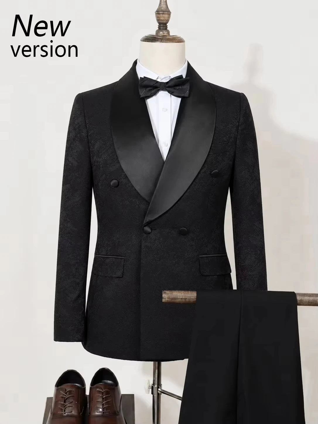 Black Luxury 2-Piece Set Men Suit Party Shawl Collar Double Breasted Business Casual Suit Groom's Wedding Dress Jacquard Pattern