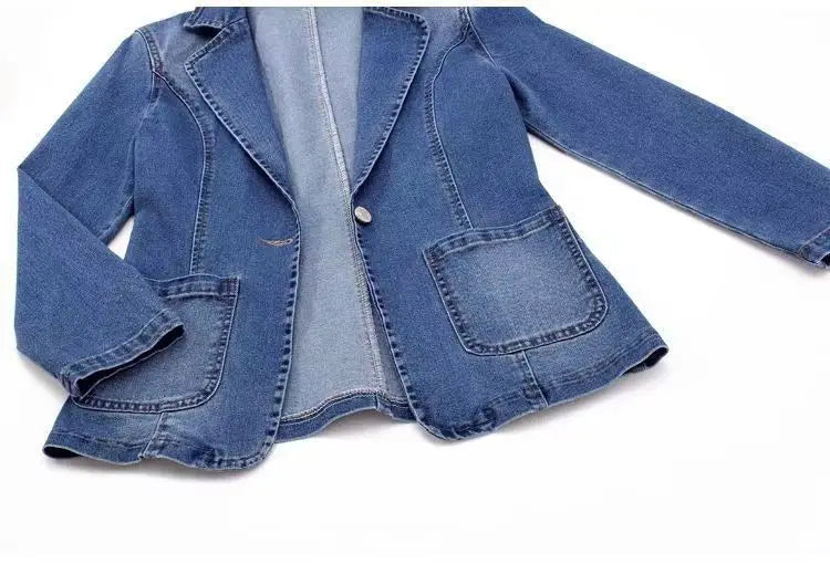 Spring Autumn New One Button Design Denim Jacket For Women Slimming Fit Suit Collar Solid Color Cardigan Blue Cowboy Outer Wear