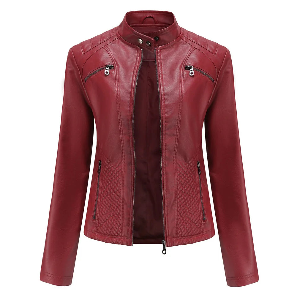 Ladies casual stand-up collar jacket Slim models women's spring and autumn solid color women's leather jacket