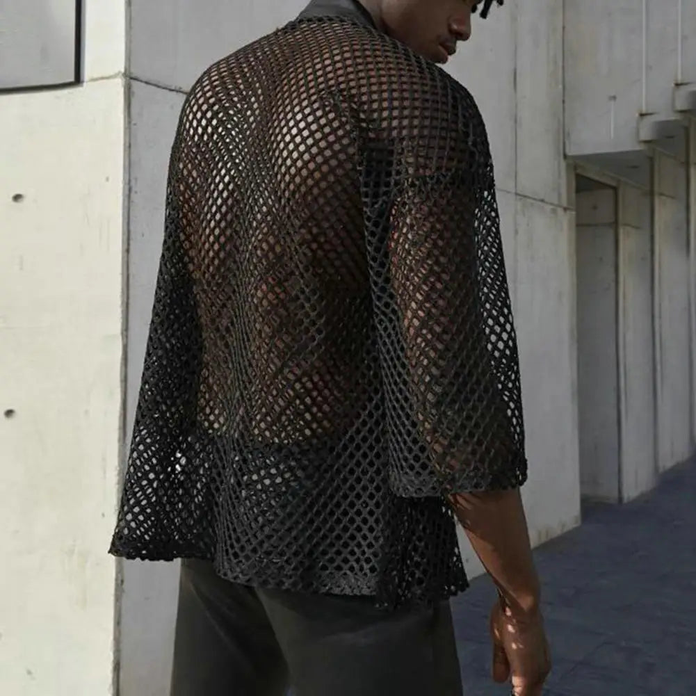Men Party Cardigan Stylish Solid Color Mesh Hip Hop Streetwear Men Party Cardigan Men Garment  Men Club Shirt  Men Shirt Coat