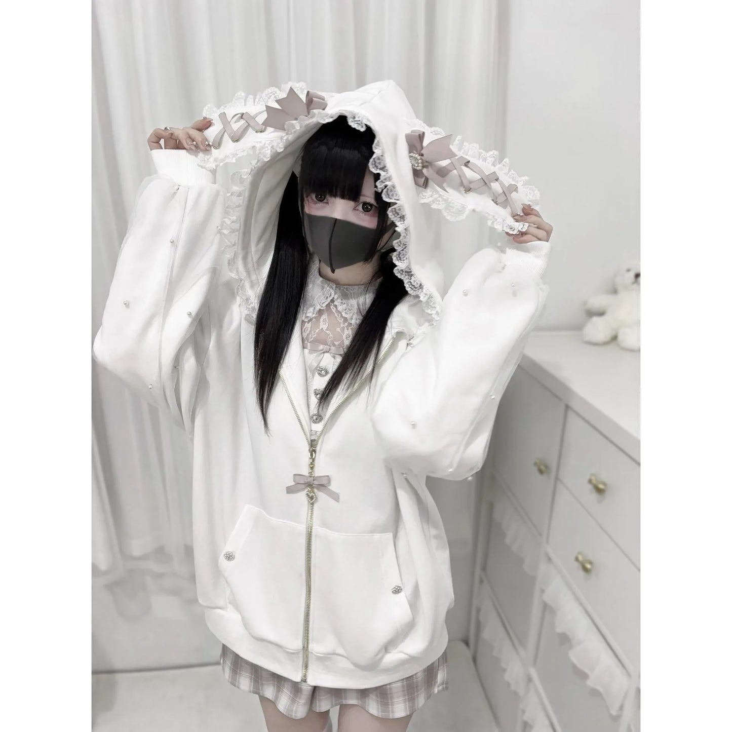 Vintage Japanese Subculture Jirai Kei Jacket Women Y2K Coat Lace Rabbit Ears Hoodie Gothic Sweatshirt Harajuku Halloween Cosplay
