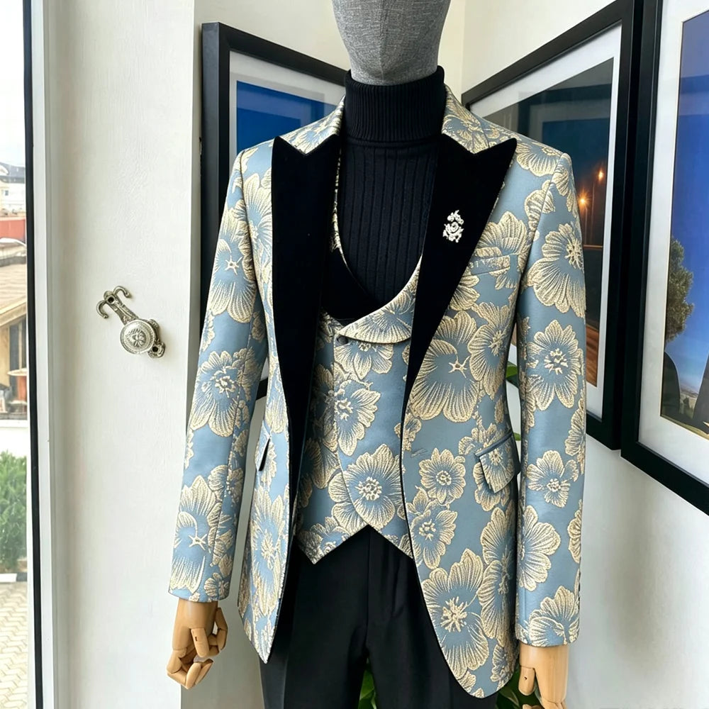 Men's 3-Piece Jacquard Suit – Latest Custom-Made Wedding Groom's Tailcoat (Jacket, Trousers, and Vest) – Classic Design