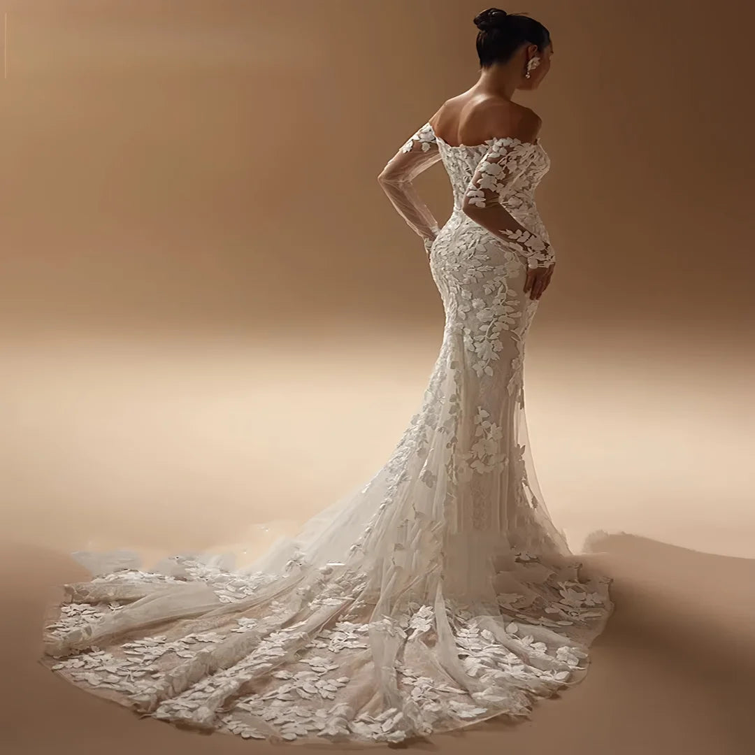 Customized Luxury Mermaid Wedding Dress Lace Appliques Sweetheart Full Sleeve Sweep Bride Robe Vestido De Novia