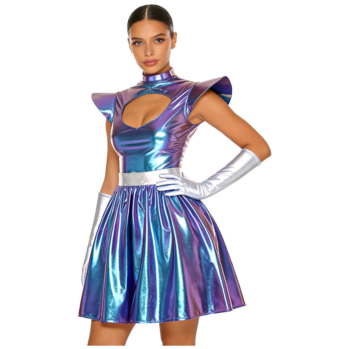 Womens Space Alien Costume Shiny Metallic High Waist A-line Dress with Gloves Astronaut Cosplay Outfits for Halloween Party