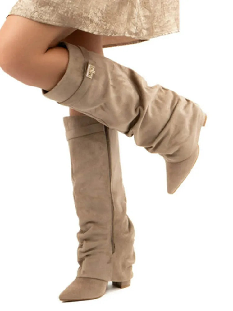 Autumn and Winter New Pointed Metal Buckle Knee High Women's Boots, Thick High-heeled Pants Boots, Fashionable Mid Leg Boots