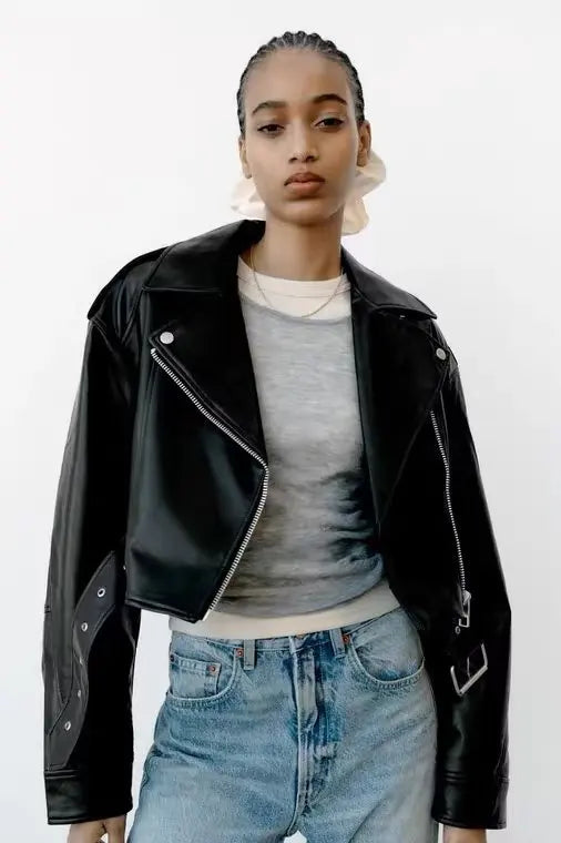 Women Autumn Winter Loose Gray PU Faux Leather Short Jackets Belt Female High Street Zipper Retro Moto Biker Coats Outwear XS-XL