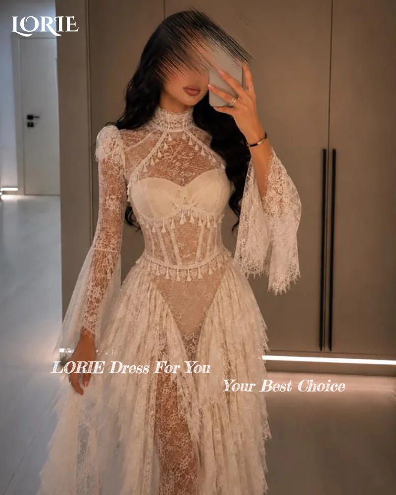 LORIE Lace Mermaid Wedding Dresses for Women Long Sleeve High Neck Bridal Gown Mermaid Bride Dress Customized Formal Club Dress