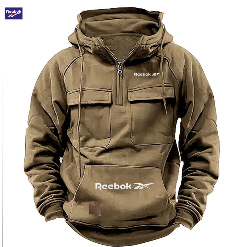 Reebok New Autumn-Winter Men's Hooded Sweatshirt, Solid Color Casual Fashion Design, Multi-Pocket Patchwork Hoodie, Men's Sweats