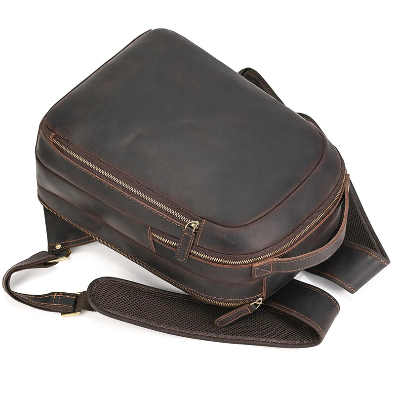 Luufan Men's Retro Crazy Horse Leather Backpack Brown Genuine Leather Rucksack Brown 14 Inch Laptop School Bag