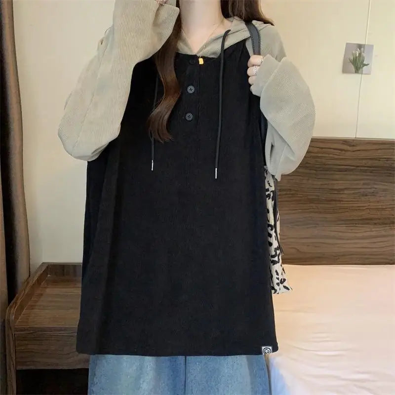 Women Clothing Fashion Casual Long Sleeve Hoodies Spring Autumn Loose Lazy Style Top Tee Office Lady Button Patchwork Pullover