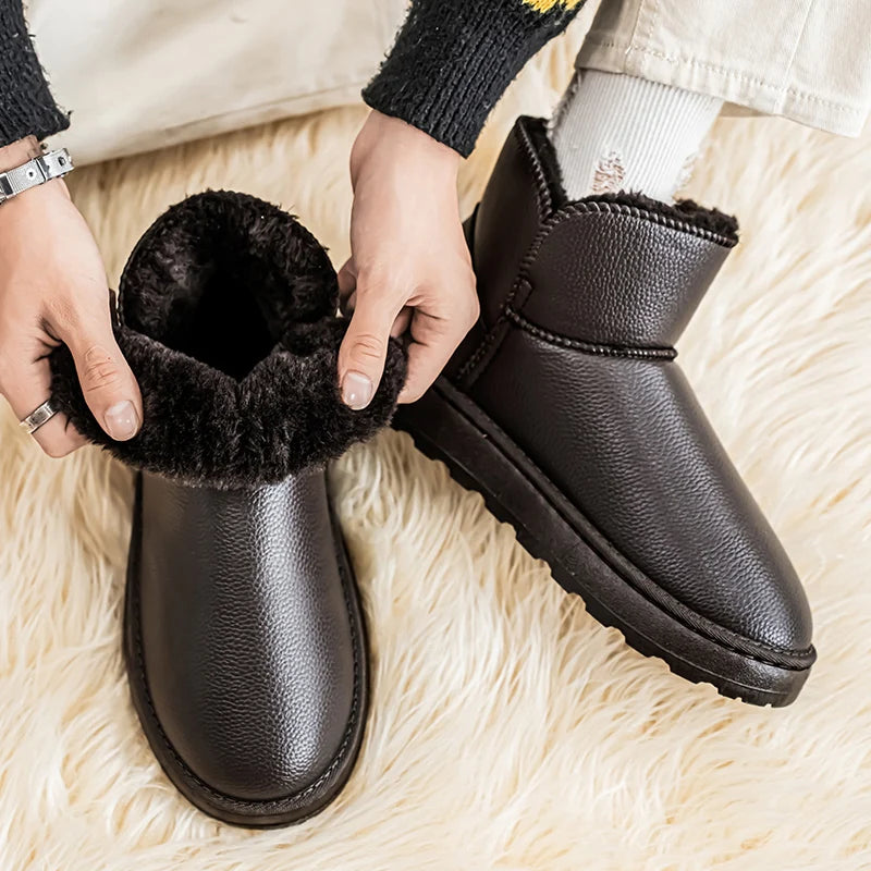 Couple Style Men's and Women's High-Top Leather Waterproof Snow Boots Plus Velvet Warm Boots and Cotton Shoes