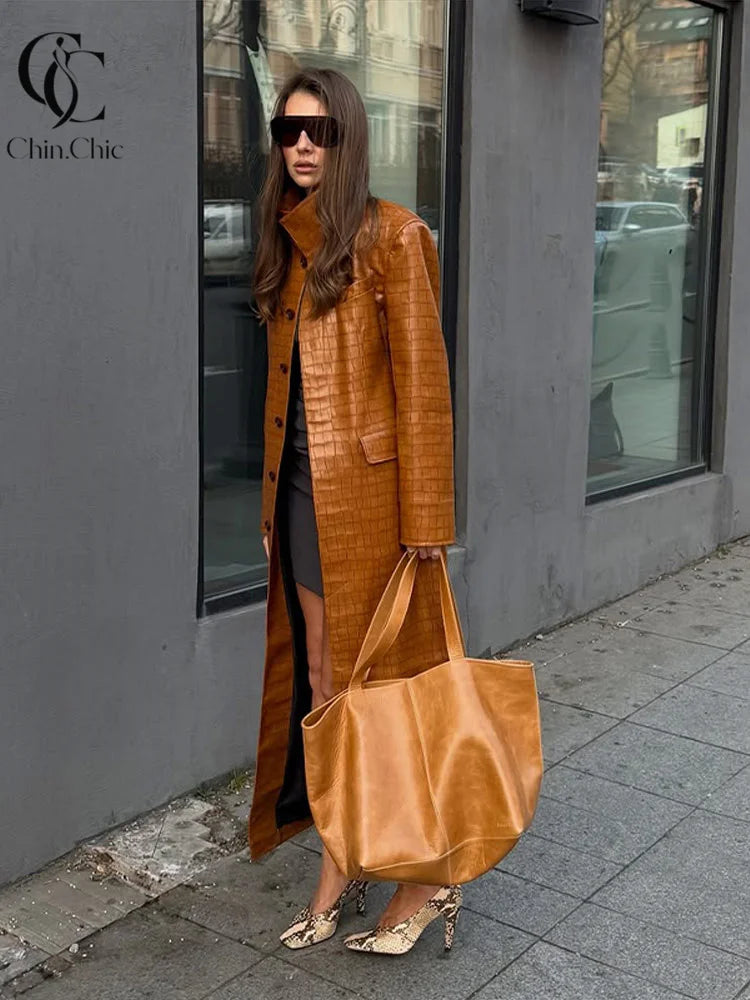 Crocodile Print Faux Leather Long Women 's Winter Coats Stand Collar Single‑Breasted PU Leather Maxi Coat Streetwear Fall Winter