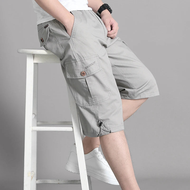 Zipper Pocket Workwear Shorts Mens Knee Cargo Pants 2026 Summer Cotton Shorts Men Climbing Jogger Elastic Waist Sports Work Wear