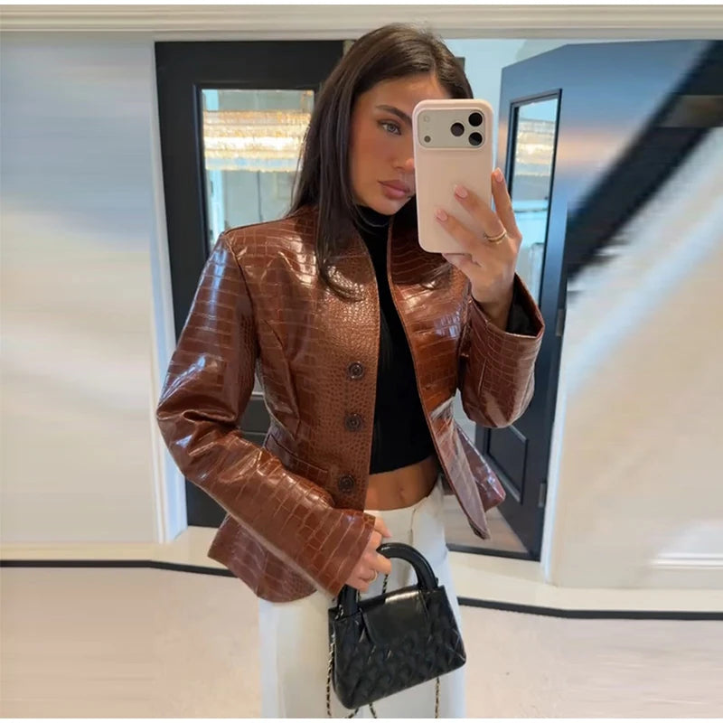 Street Fitted Leather Jackets Women Shoulder Pad Single Breasted Long Sleeves Pu Coats Female 2026 Autumn New Chic Outwears Lady