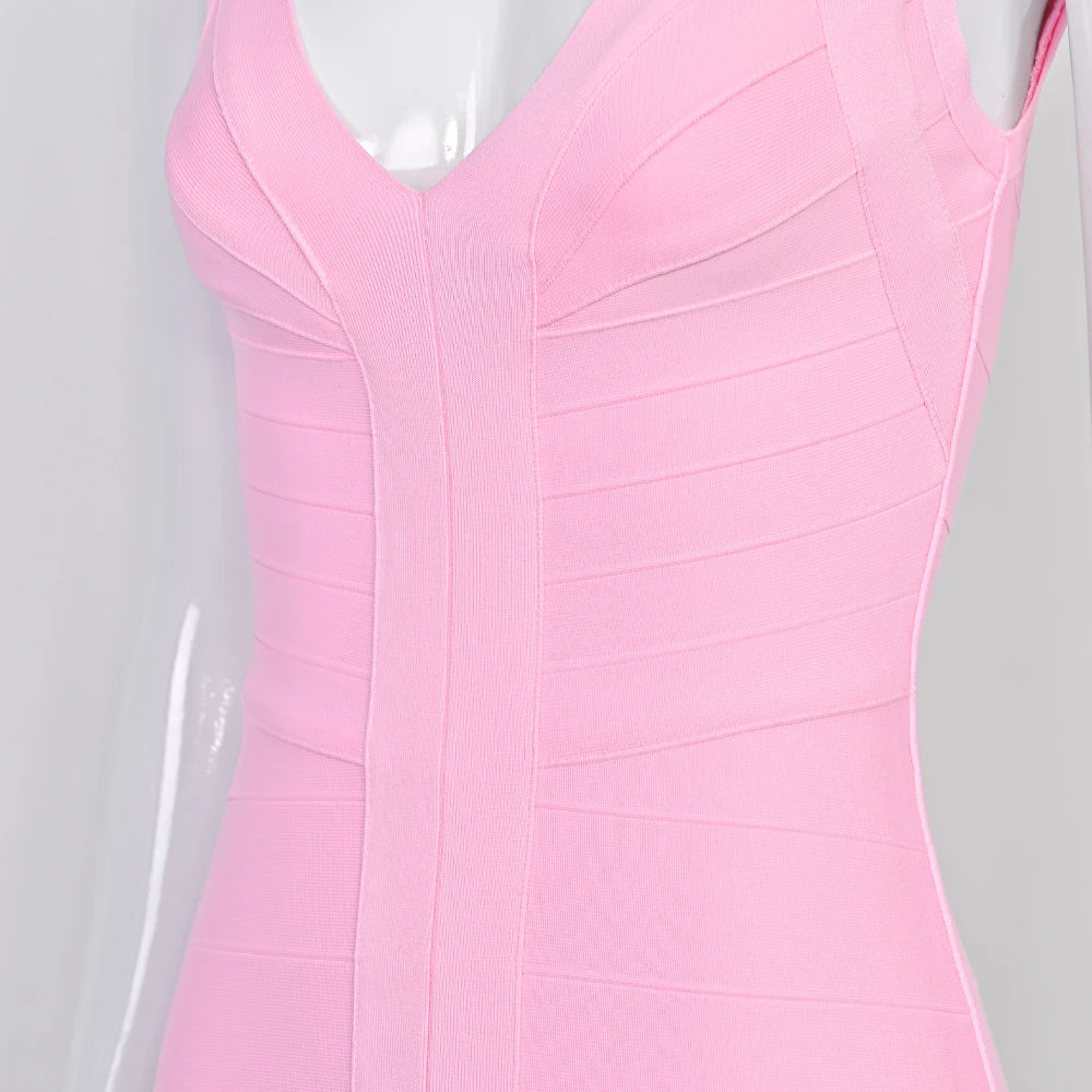 BEAUKEY Luxury Sexy Plunge V Bandage Dress Stripes Slim Bodyocn Mini Party Celebrity Evening Dress Elastic Knitted Vestidos