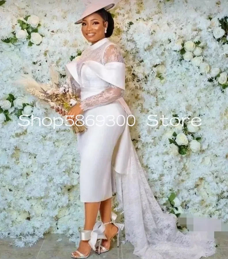 White Wedding Dress Lace Long Sleeves Tea Length Satin Classic African Women Bridal Party Gowns Vestidos De Noiva customized