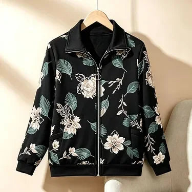 Womens Mom Floral Print Zip Up Jacket Lapel Collar Casual Loose Outerwear For Middle Aged Ladies