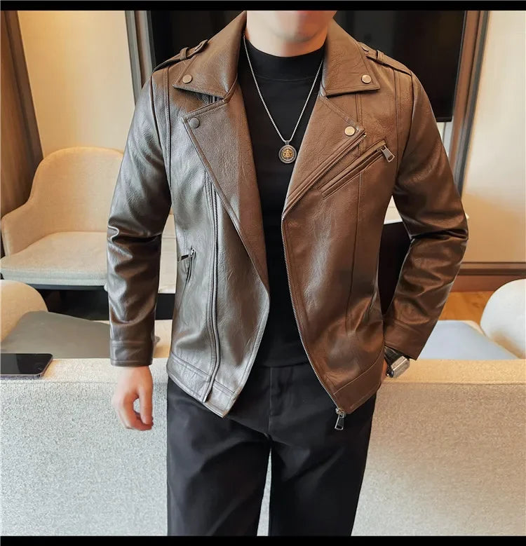 Men High Quality Faux Leather Jacket Vintage Oblique Zipper  Slim Fit Motorcycle Outwear Male Autumn Winter PU Leather Coats