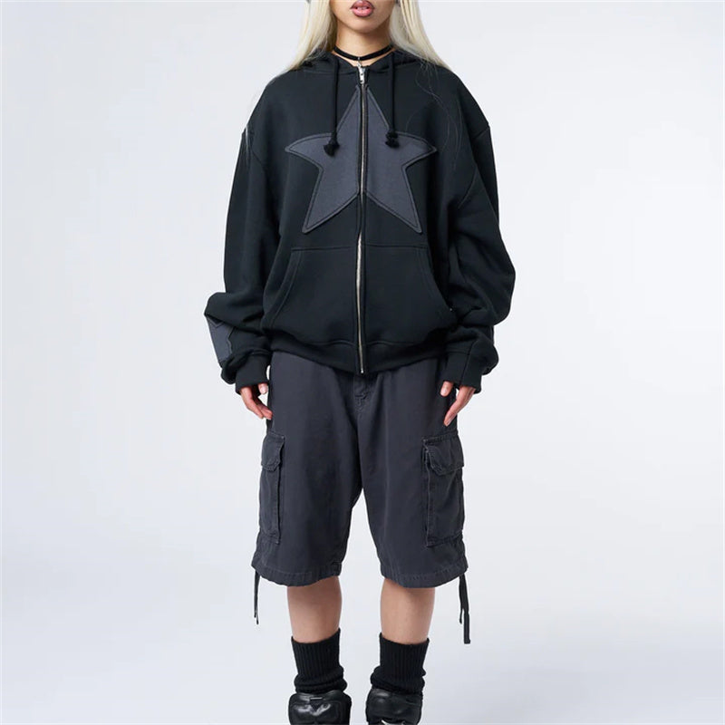 Women's Graphic Hoodie Y2k Zip Up Hoodies Star Patchwork Oversized Sweatshirt with Drawstring Aesthetic Pullover with Hood Shirt