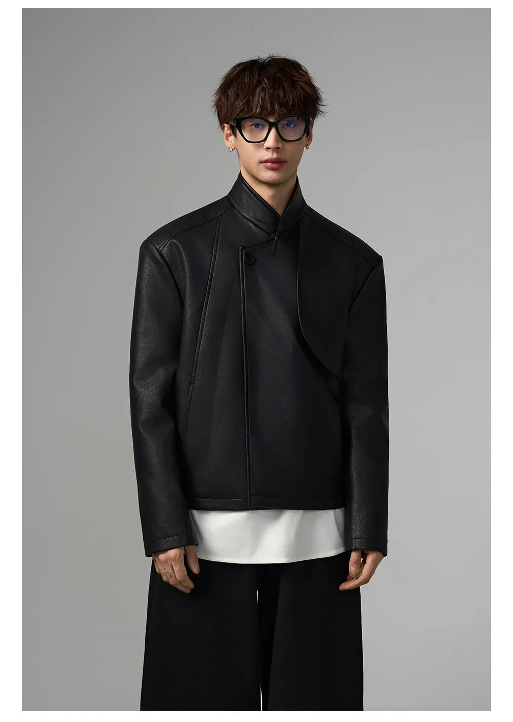 Mauroicardi Spring Autumn Cool Short Black Pu Leather Jacket Men Shoulder Pads Stand Collar Luxury Designer Fashion Clothes 2026