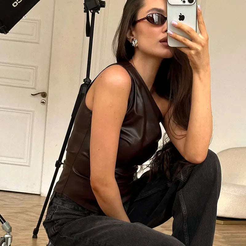 PixieKiki Fashion PU Leather Sleeveless T Shirts Side Zipper One Shoulder Asymmetrical Tops Women Clothing Fall 2024 C85-CA12