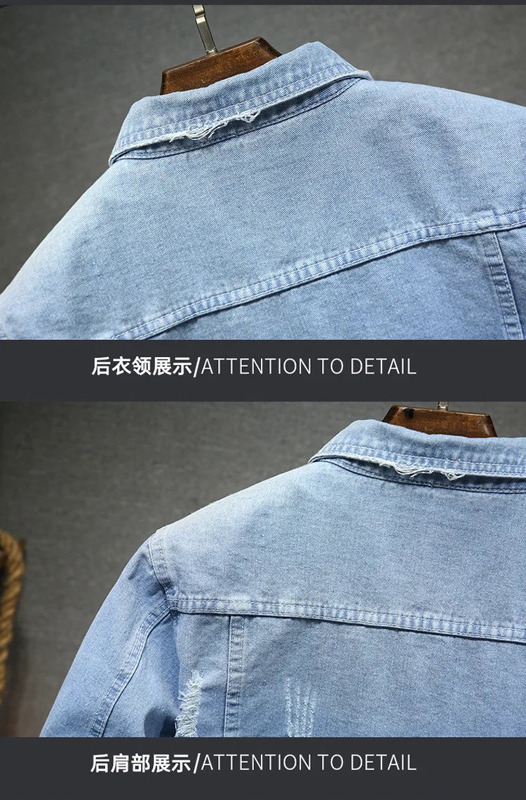 QICHE New Spring Autumn Men Light Blue Slim Denim Jacket Distressed Ripped Casual Outerwear