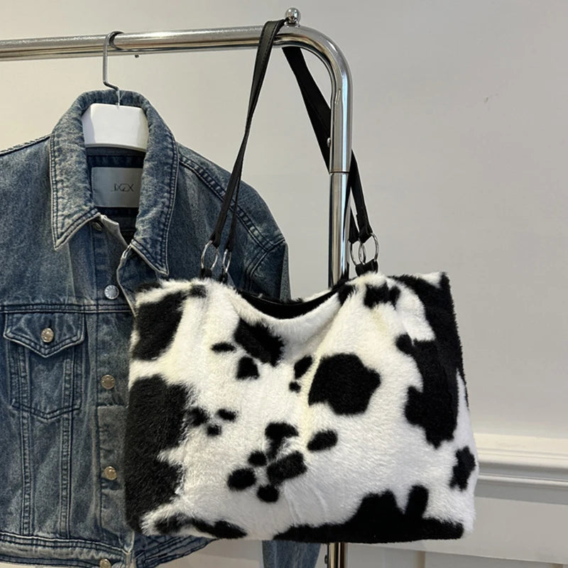 Cow Pattern Plush Shoulder Bag for Women Winter Fashion Purse Handbags Soft Warm Fur Female Casual Messenger Bags